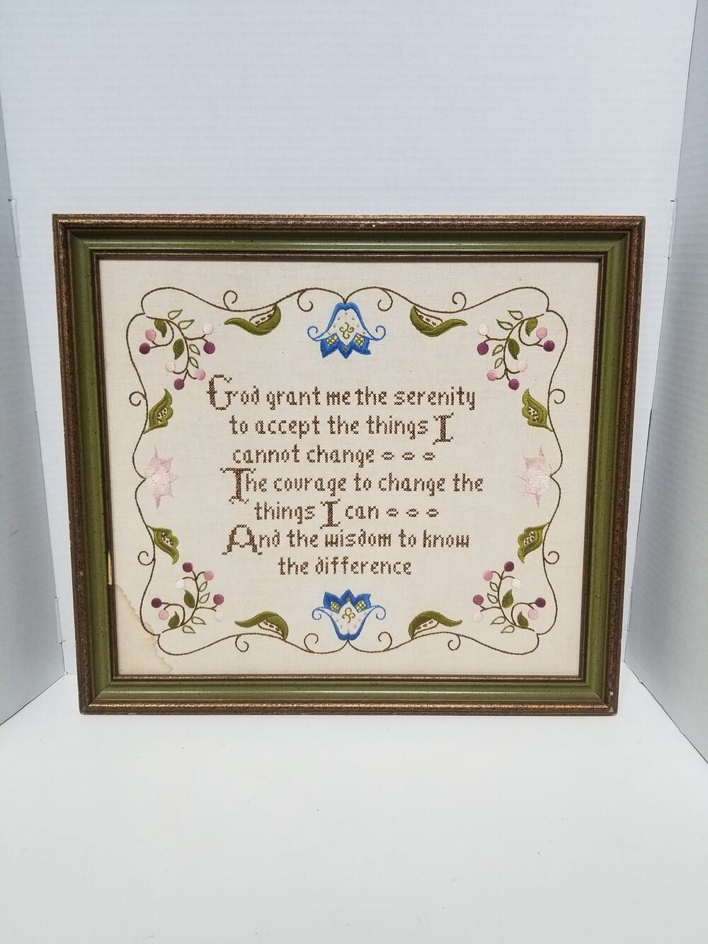 Vintage 18x20 Framed Handmade God Grant Serenity Cross Stitch Embroidery Floral